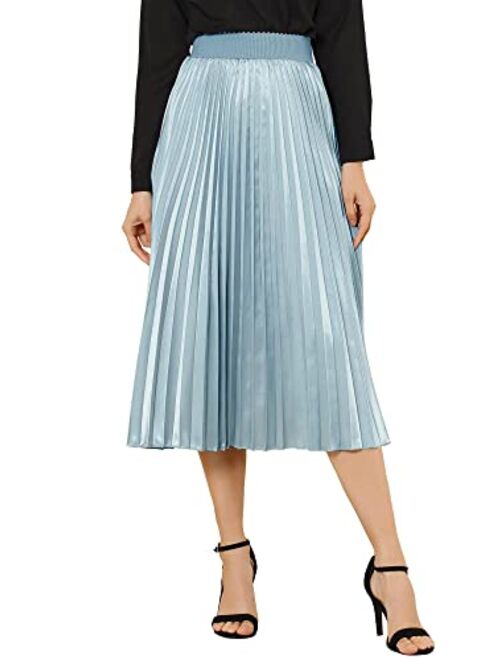 Allegra K Women's Elastic Waist Party Metallic Accordion Plisse Pleated Midi Skirt