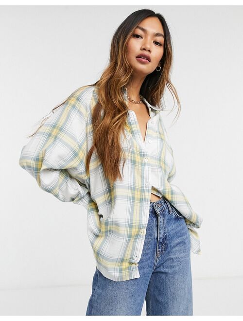 ASOS DESIGN WFH long sleeve boyfriend shirt in washed green and yellow check