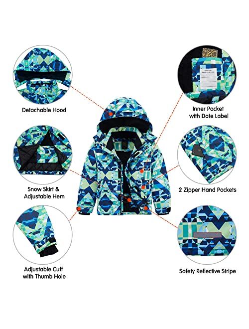 FREE SOLDIER Boys Girls Waterproof Ski Jacket Fleece Lined Warm Winter Snow Coat Kids Winter Jacket with Detachable Hood