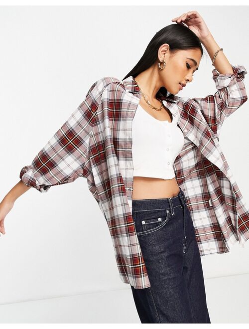 ASOS DESIGN long sleeve boyfriend shirt in dark red and white check