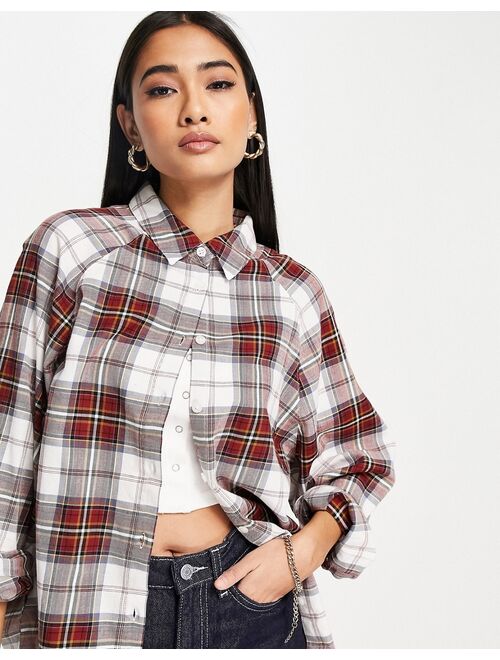 ASOS DESIGN long sleeve boyfriend shirt in dark red and white check