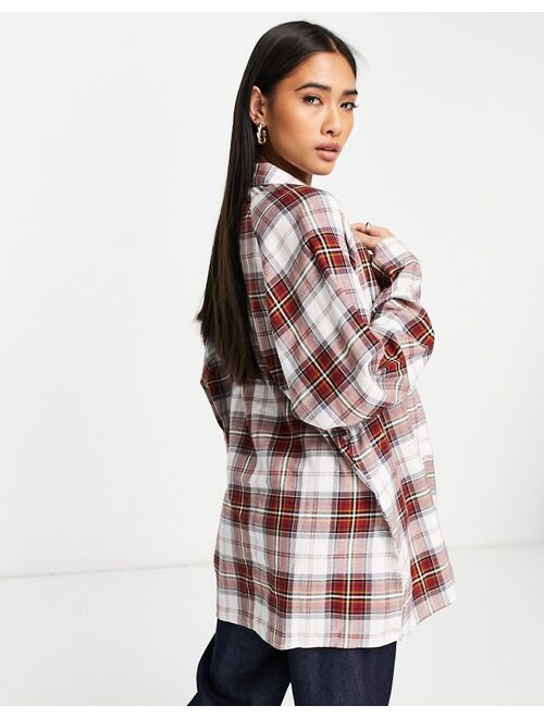 ASOS DESIGN long sleeve boyfriend shirt in dark red and white check