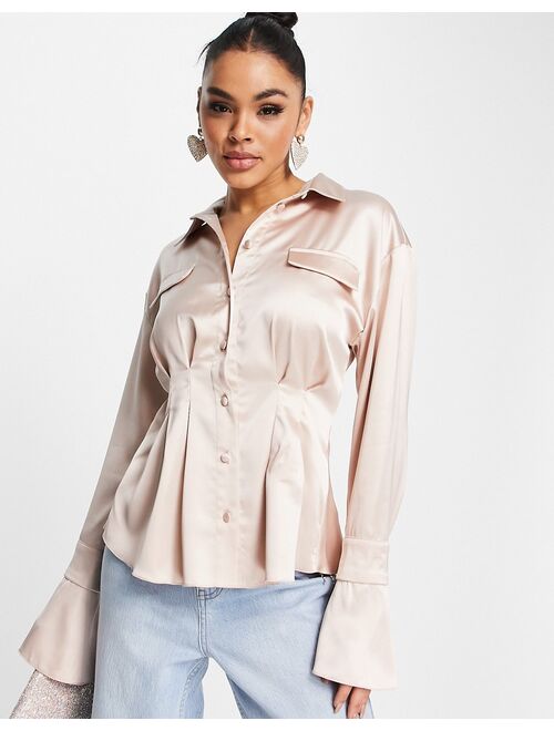 ASOS DESIGN satin long sleeve shirt with corset seam waist detail in blush