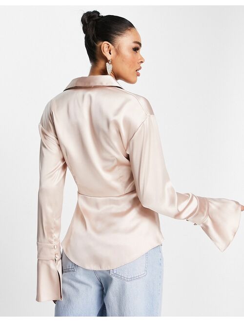 ASOS DESIGN satin long sleeve shirt with corset seam waist detail in blush