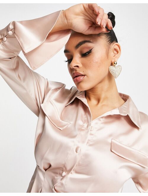 ASOS DESIGN satin long sleeve shirt with corset seam waist detail in blush