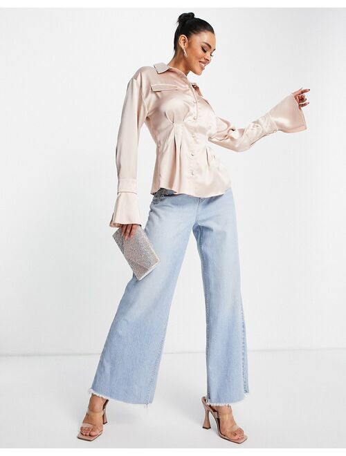 ASOS DESIGN satin long sleeve shirt with corset seam waist detail in blush