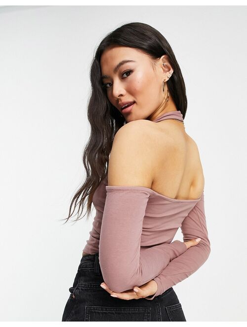 ASOS DESIGN long sleeve halter neck crop top in mink