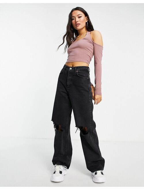 ASOS DESIGN long sleeve halter neck crop top in mink