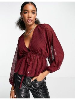 tie front textured blouse in berry