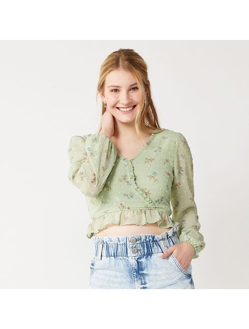 Juniors' SO® Faux Wrap Long Sleeve Ruffled Edge Top