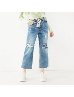 Juniors' SO® Belted Exposed Button Wide Leg Cropped Denim Jeans