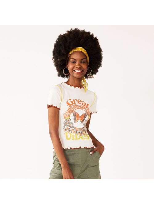 Juniors' SO® Great Vibes Lettuce Edge Tee