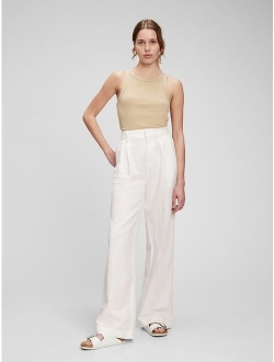 High Rise Linen Pleated Wide Leg Pants with Washwell