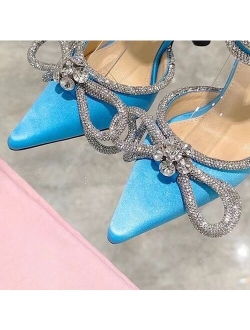 Runway style Glitter Rhinestones Women Pumps Crystal bowknot Satin Summer Lady Shoes Genuine leather High heels Party Prom Shoes