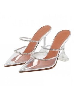 2021 Rhinestones satin Women Pumps Slippers Elegant Pointed toe High heels Lady Mules Sildes Summer Fashion Party prom Shoes