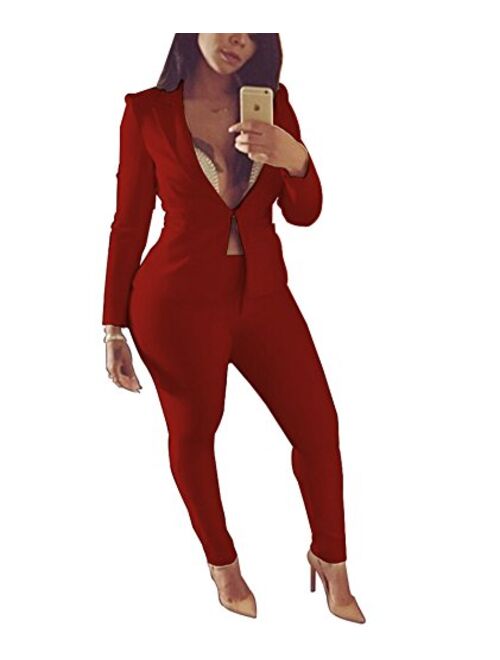 Iymoo 2 Piece Outfits for Women Long Sleeve Solid Color Blazer with Pants Casual Elegant Business Suit Sets