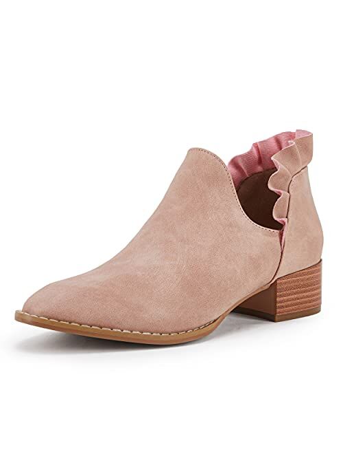 FISACE Womens Ruffled Ankle Boots V Cut Out Pointed Toe Chunky Low Heel Dressy Western Booties