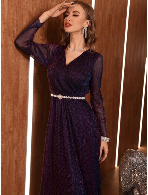 Shein Surplice Neck Belted Glitter Dress