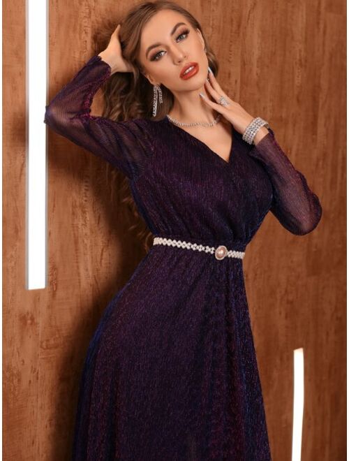 Shein Surplice Neck Belted Glitter Dress