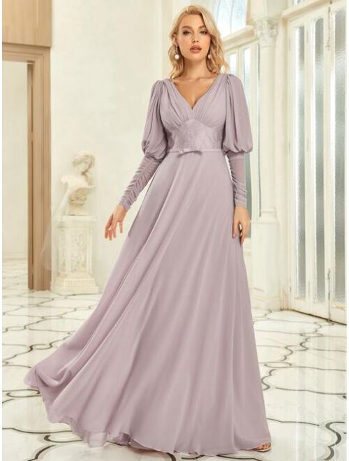 EVER-PRETTY Ruched Gigot Sleeve Chiffon Maxi Prom Dress