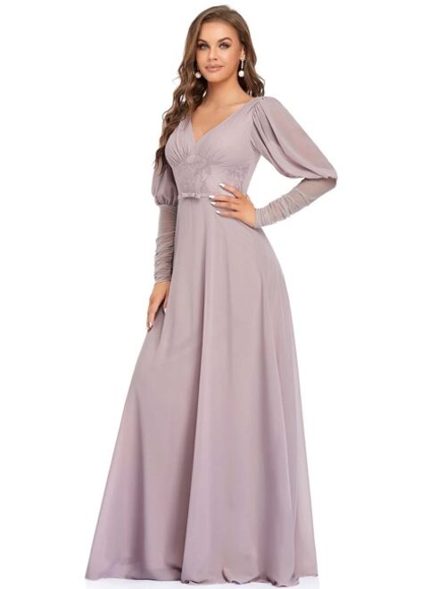 EVER-PRETTY Ruched Gigot Sleeve Chiffon Maxi Prom Dress