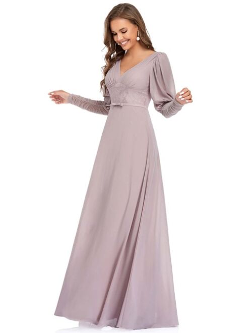 EVER-PRETTY Ruched Gigot Sleeve Chiffon Maxi Prom Dress