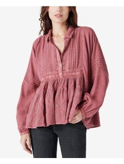 Embroidered Long Sleeve Popover Top