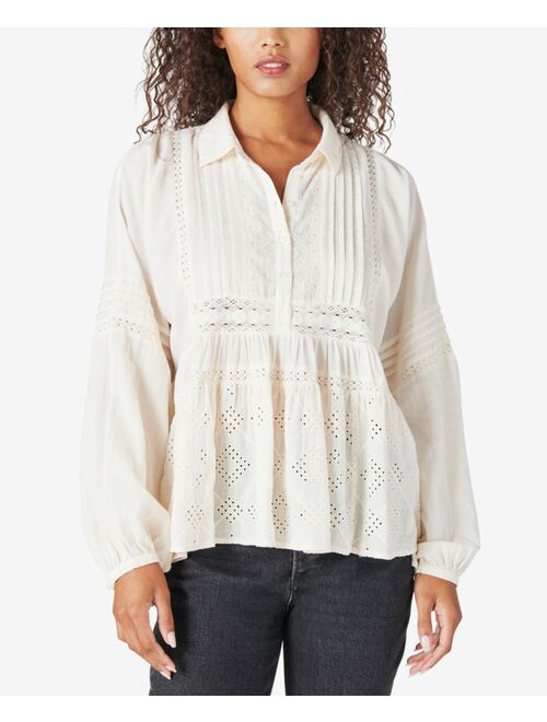 Lucky Brand Embroidered Long Sleeve Popover Top