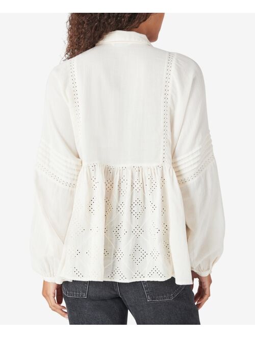 Lucky Brand Embroidered Long Sleeve Popover Top