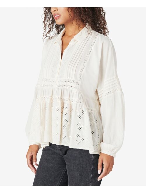 Lucky Brand Embroidered Long Sleeve Popover Top