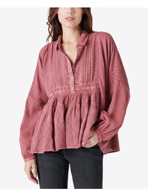 Lucky Brand Embroidered Long Sleeve Popover Top