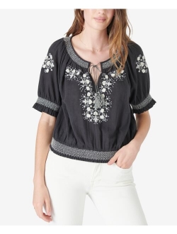 Tassel-Tie Embroidered Short-Sleeve Top