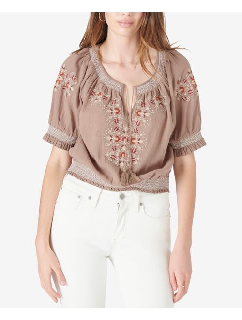 Lucky Brand Tassel-Tie Embroidered Short-Sleeve Top