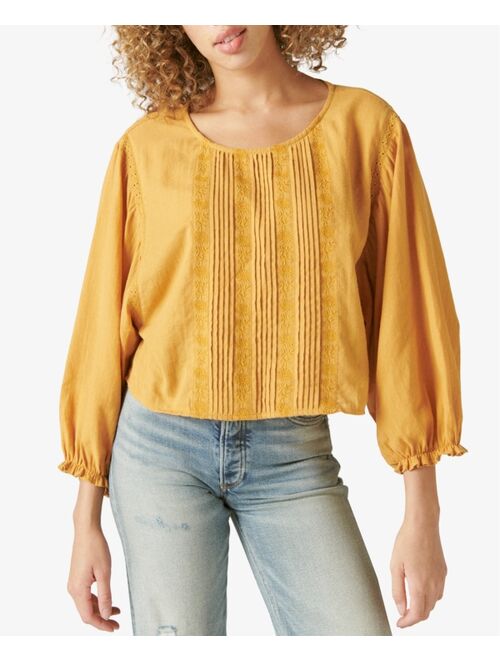 Lucky Brand Embroidered Crochet-Trimmed Blouse