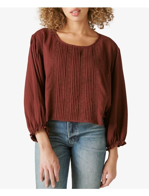 Lucky Brand Embroidered Crochet-Trimmed Blouse