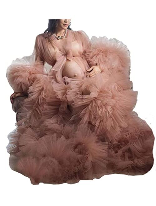 Bathgown Tulle Robe for Maternity Photoshoot Sheer Puffy Burgundy Dressing Gown Long Wedding Scarf