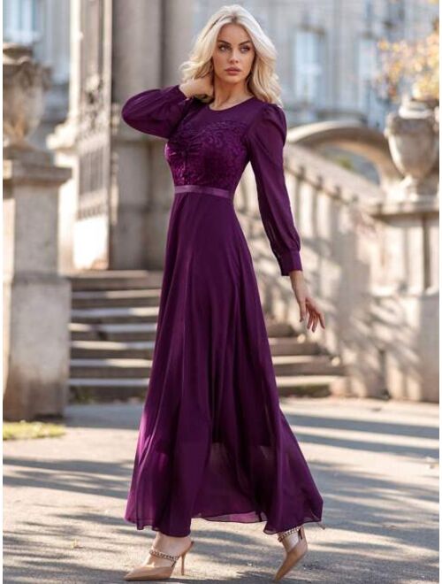 MIUSOL Jacquard Ruched Puff Sleeve Chiffon Prom Dress