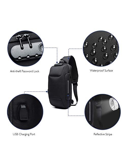 Wisfruit Anti Theft Sling Bag with USB Charging Port Casual Lightweight Chest Crossbody Daypack Waterproof (black)