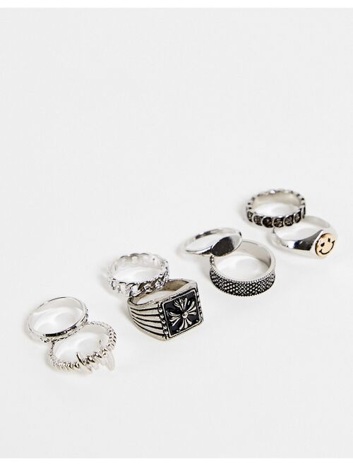 ASOS DESIGN 8 pack vintage ring set with mixed textures in silver tone