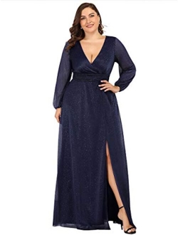 Women's Leg Slit V-Neck Sparkle Plus Size Evening Party Dress with Sleeves 0739-PZ