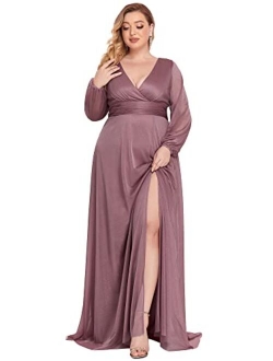 Women's Leg Slit V-Neck Sparkle Plus Size Evening Party Dress with Sleeves 0739-PZ