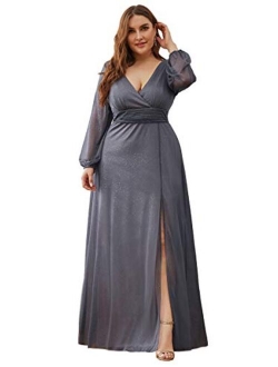 Women's Leg Slit V-Neck Sparkle Plus Size Evening Party Dress with Sleeves 0739-PZ