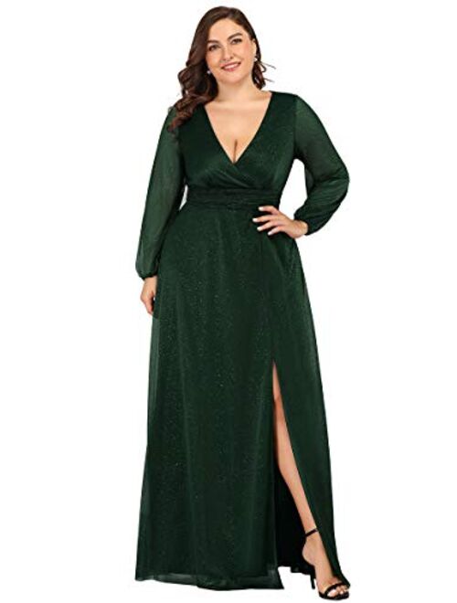 Ever-Pretty Women's Leg Slit V-Neck Sparkle Plus Size Evening Party Dress with Sleeves 0739-PZ