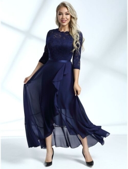 Lace Bodice Ruffle Trim Wrap Prom Dress