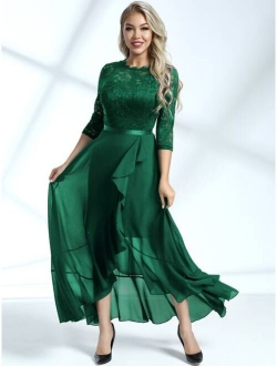 Lace Bodice Ruffle Trim Wrap Prom Dress