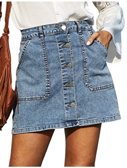 Women's Casual Button Down Denim Skirt High Waist Bodycon Pockets Jean Short Skirt