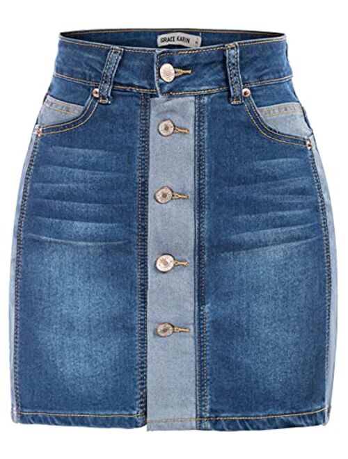 GRACE KARIN Women's Casual Button Down Denim Skirt High Waist Bodycon Pockets Jean Short Skirt