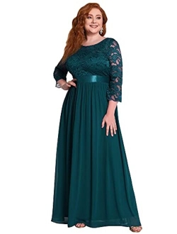 Women's Plus Size A-Line 3/4 Lace Sleeves Chiffon Long Formal Evening Party Maxi Dress 7412PZ