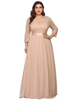 Women's Plus Size A-Line 3/4 Lace Sleeves Chiffon Long Formal Evening Party Maxi Dress 7412PZ