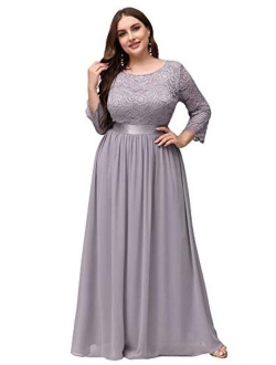 Women's Plus Size A-Line 3/4 Lace Sleeves Chiffon Long Formal Evening Party Maxi Dress 7412PZ